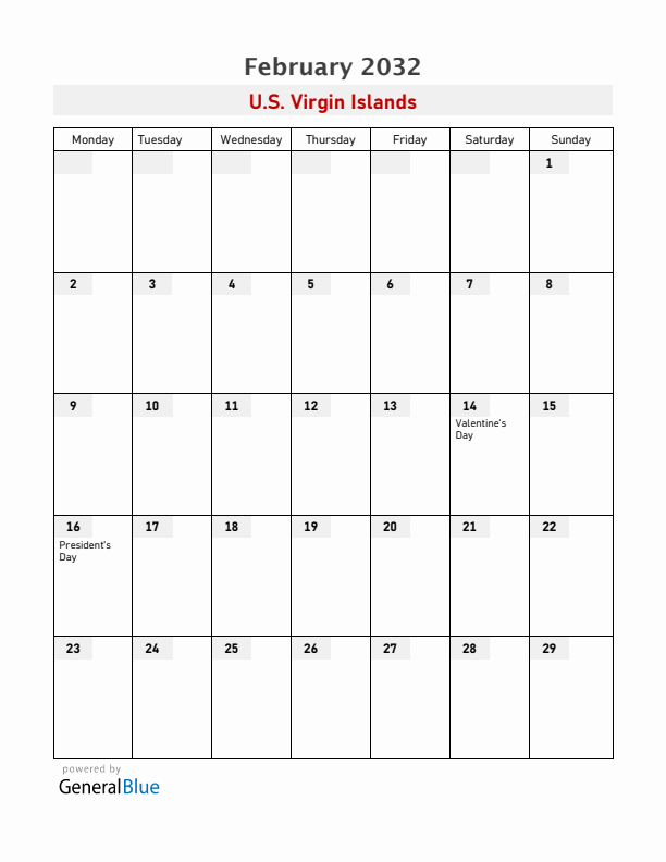 U.S. Virgin Islands February 2032 Calendar with Holidays