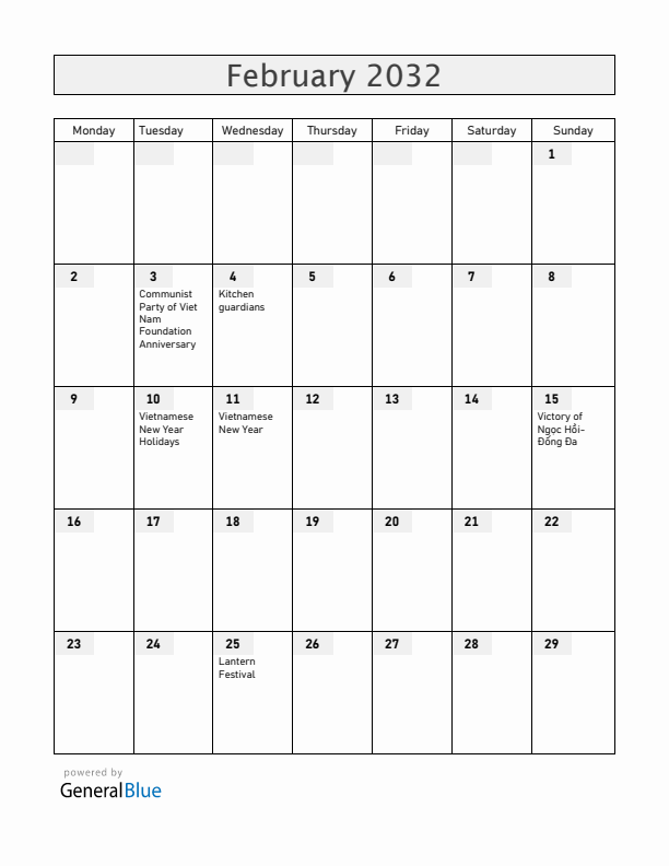 Vietnam February 2032 Calendar with Holidays