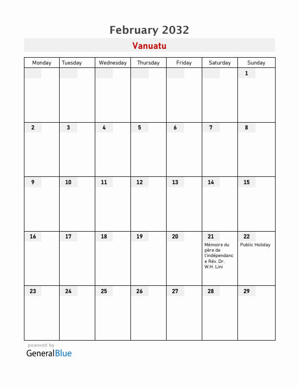 Vanuatu February 2032 Calendar with Holidays