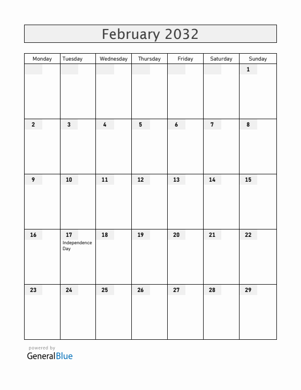 Kosovo February 2032 Calendar with Holidays