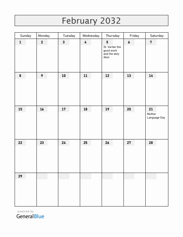Armenia February 2032 Calendar with Holidays