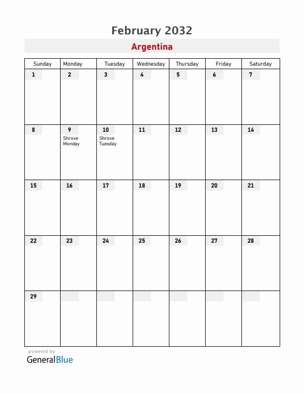 Argentina February 2032 Calendar with Holidays