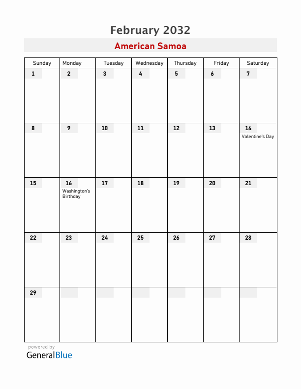 American Samoa February 2032 Calendar with Holidays