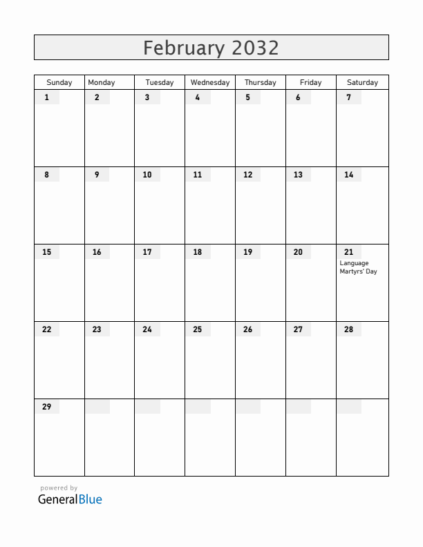 Bangladesh February 2032 Calendar with Holidays