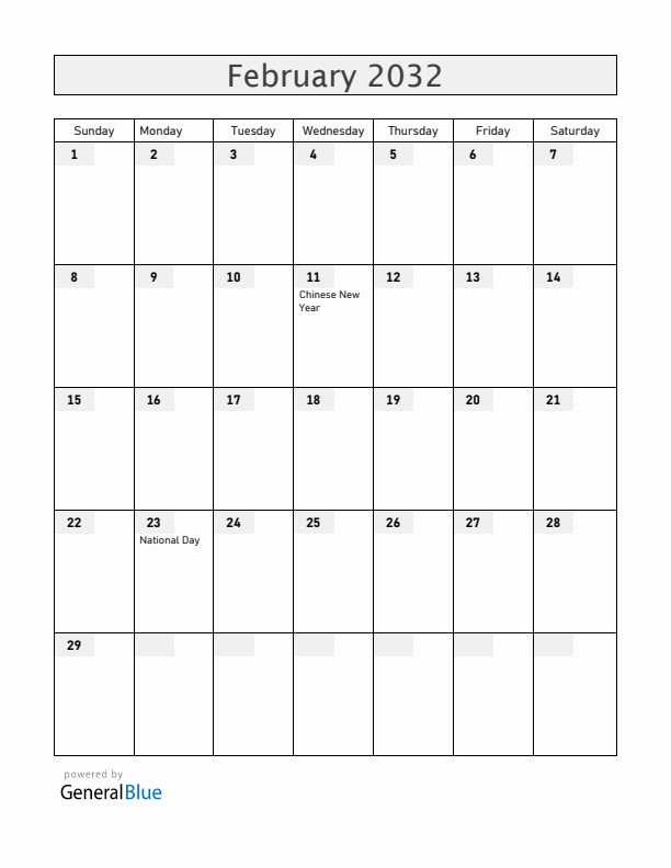 Brunei February 2032 Calendar with Holidays