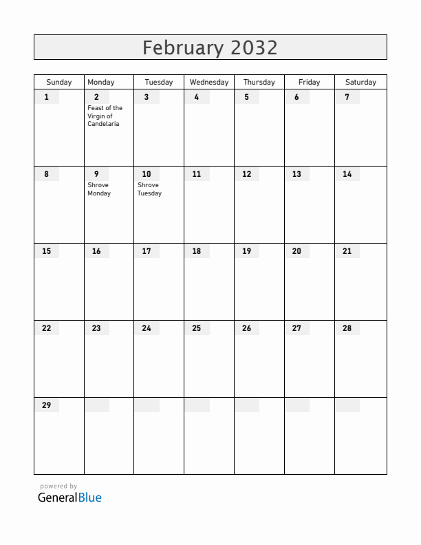 Bolivia February 2032 Calendar with Holidays