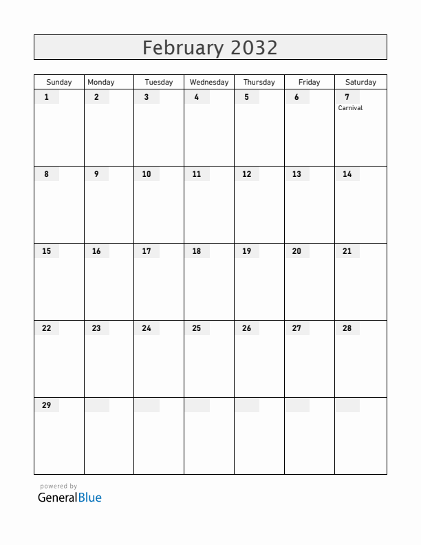 Brazil February 2032 Calendar with Holidays