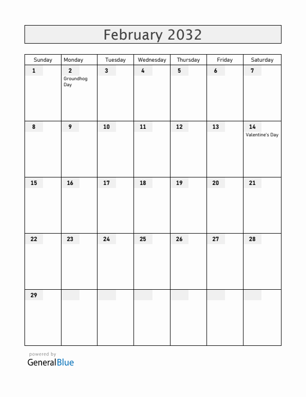 Canada February 2032 Calendar with Holidays