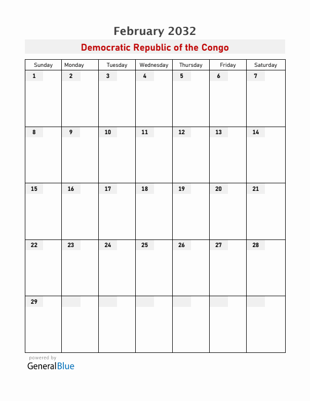 Democratic Republic of the Congo February 2032 Calendar with Holidays
