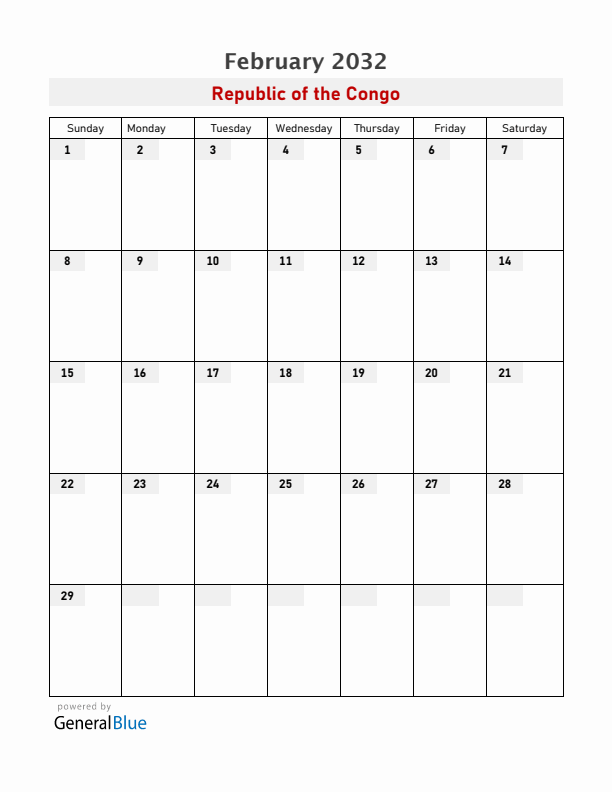 Republic of the Congo February 2032 Calendar with Holidays