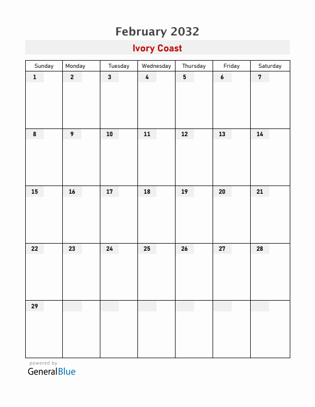 Ivory Coast February 2032 Calendar with Holidays