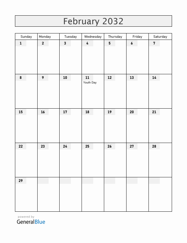Cameroon February 2032 Calendar with Holidays