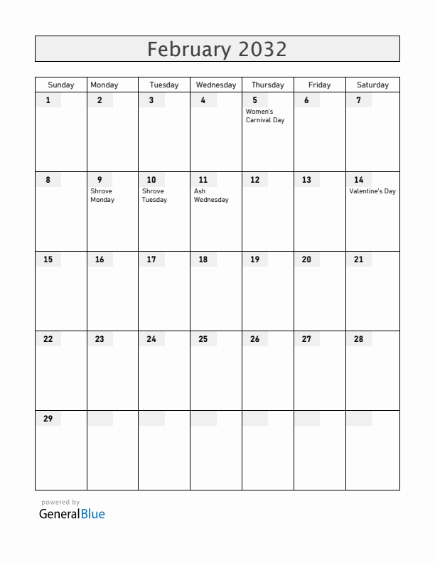 Germany February 2032 Calendar with Holidays