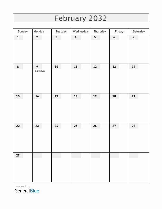 Denmark February 2032 Calendar with Holidays