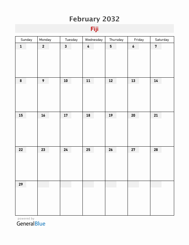 Fiji February 2032 Calendar with Holidays
