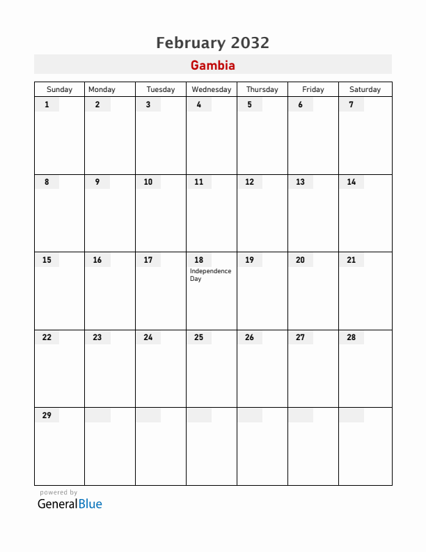 Gambia February 2032 Calendar with Holidays