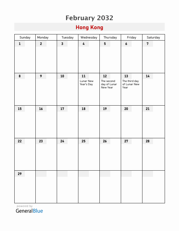 Hong Kong February 2032 Calendar with Holidays