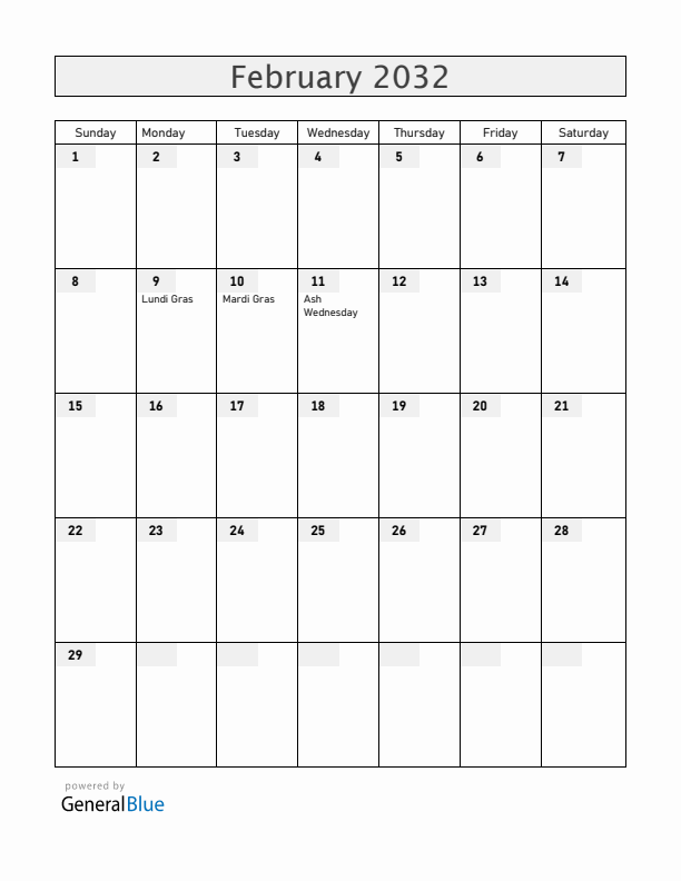 Haiti February 2032 Calendar with Holidays