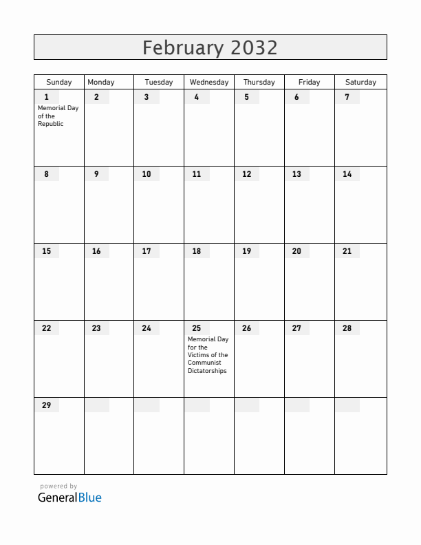 Hungary February 2032 Calendar with Holidays
