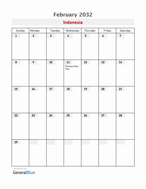 Indonesia February 2032 Calendar with Holidays