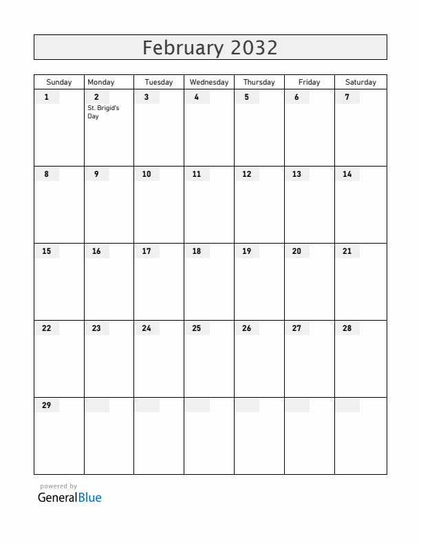 Ireland February 2032 Calendar with Holidays