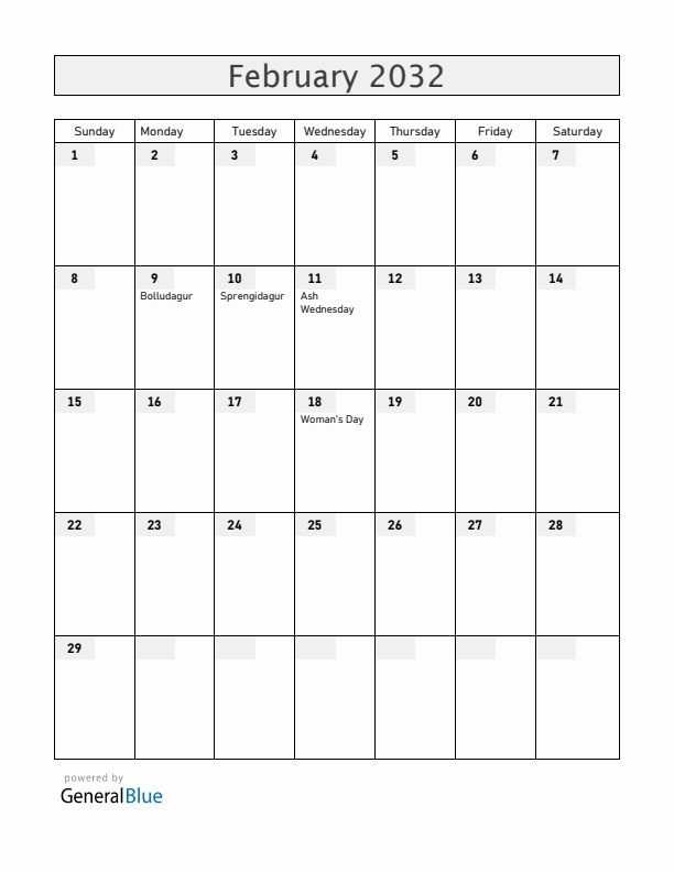 Iceland February 2032 Calendar with Holidays