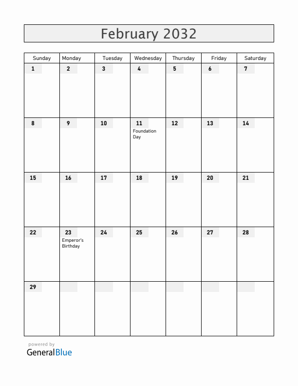 Japan February 2032 Calendar with Holidays