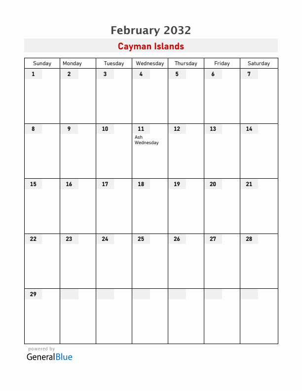 Cayman Islands February 2032 Calendar with Holidays