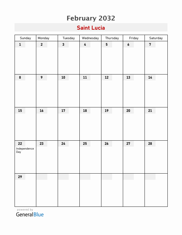 Saint Lucia February 2032 Calendar with Holidays