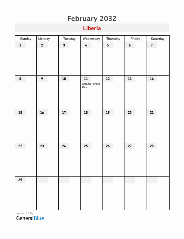 Liberia February 2032 Calendar with Holidays