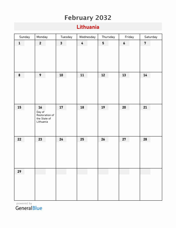 Lithuania February 2032 Calendar with Holidays