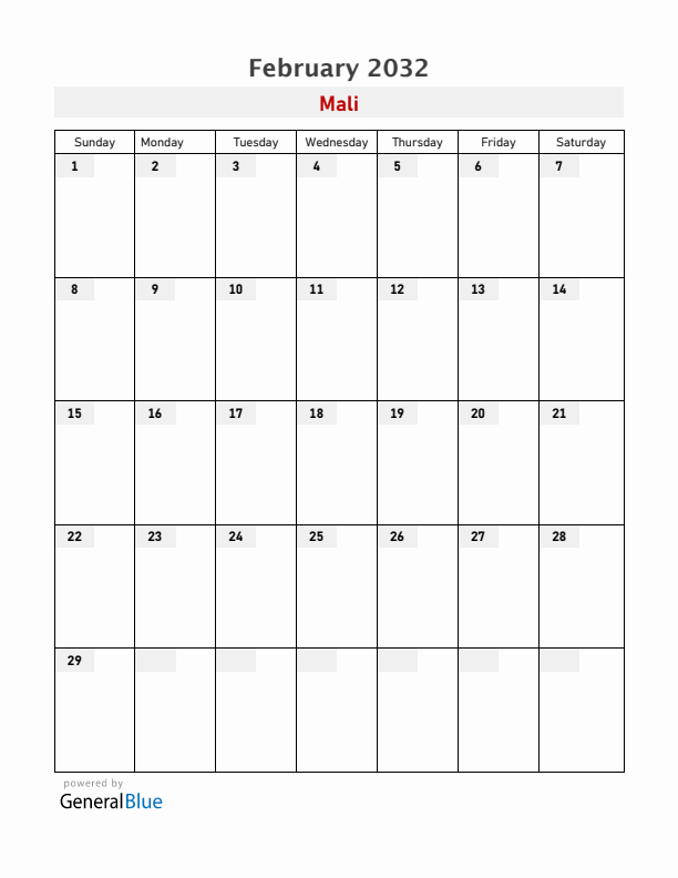 Mali February 2032 Calendar with Holidays