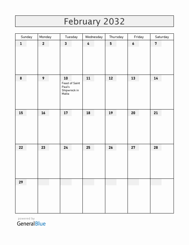 Malta February 2032 Calendar with Holidays