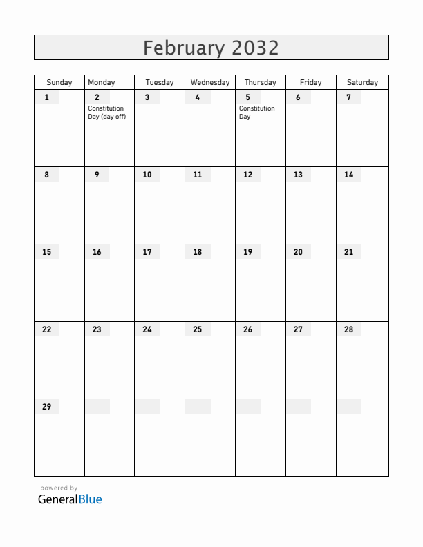 Mexico February 2032 Calendar with Holidays