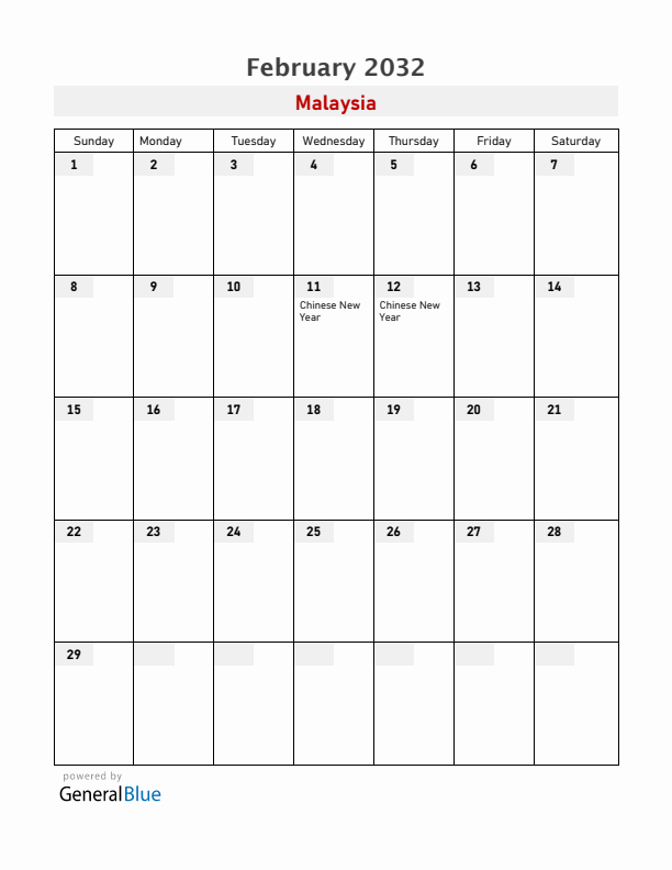 Malaysia February 2032 Calendar with Holidays