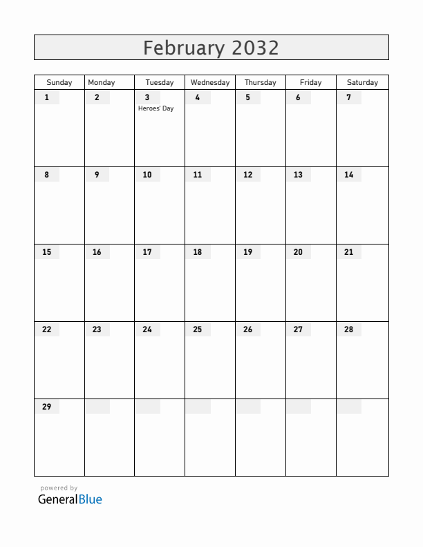 Mozambique February 2032 Calendar with Holidays