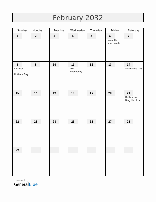 Norway February 2032 Calendar with Holidays