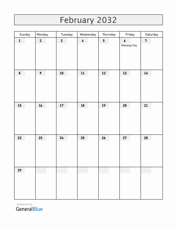 New Zealand February 2032 Calendar with Holidays