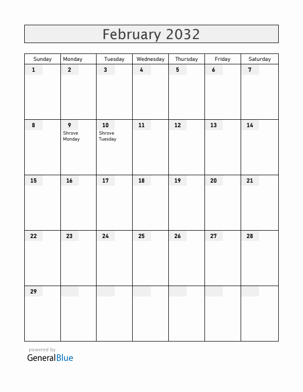 Panama February 2032 Calendar with Holidays