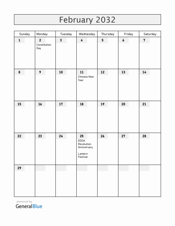Philippines February 2032 Calendar with Holidays