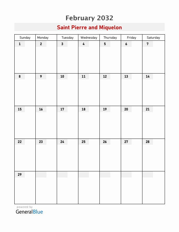 Saint Pierre and Miquelon February 2032 Calendar with Holidays