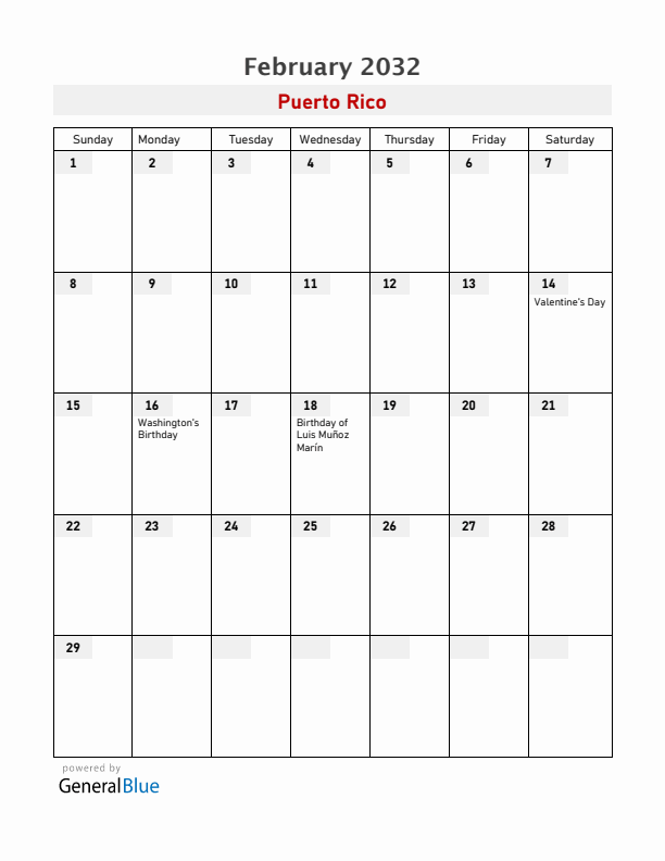 Puerto Rico February 2032 Calendar with Holidays