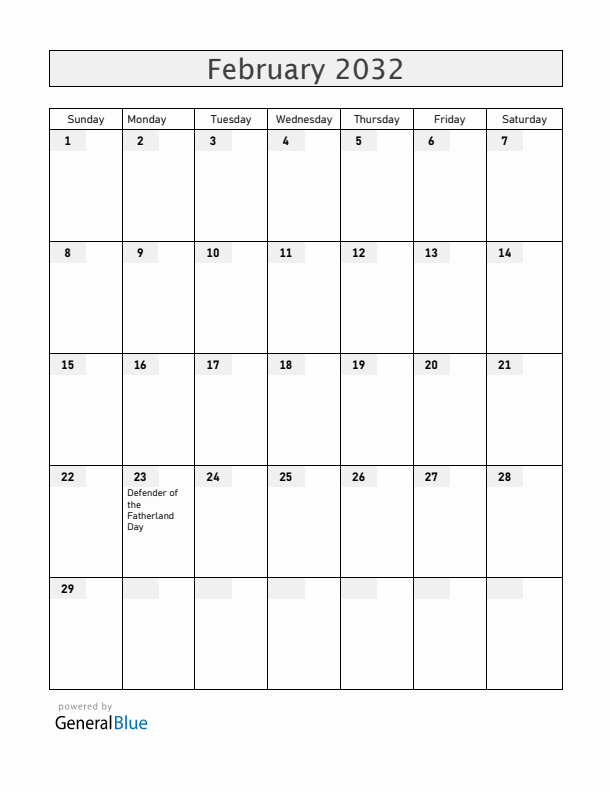 Russia February 2032 Calendar with Holidays