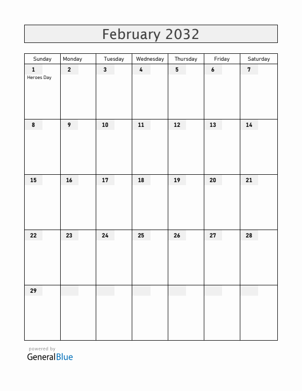 Rwanda February 2032 Calendar with Holidays