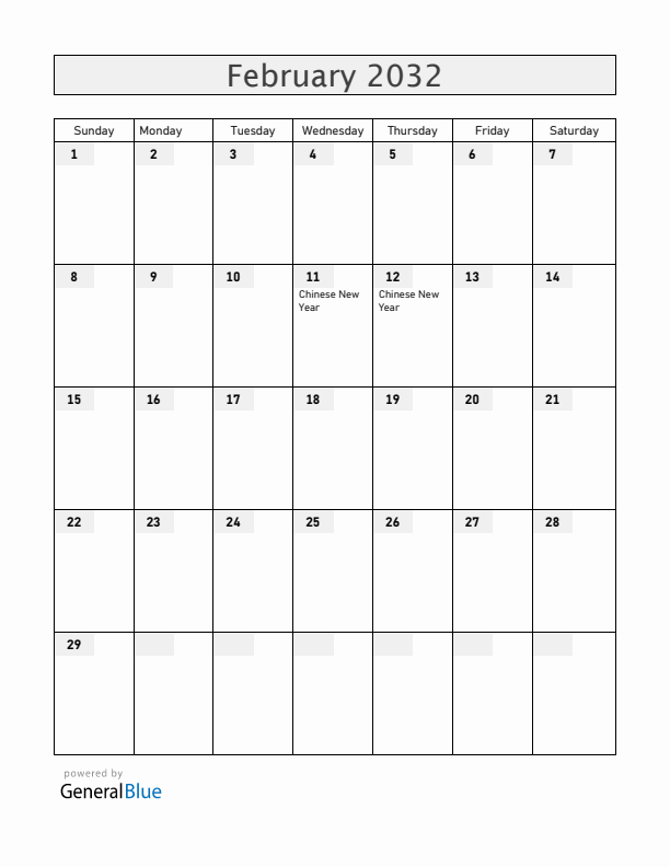 Singapore February 2032 Calendar with Holidays