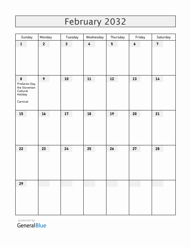 Slovenia February 2032 Calendar with Holidays