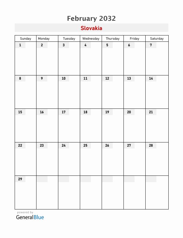 Slovakia February 2032 Calendar with Holidays