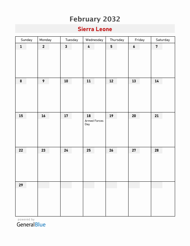 Sierra Leone February 2032 Calendar with Holidays