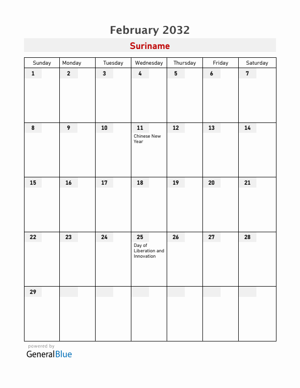 Suriname February 2032 Calendar with Holidays