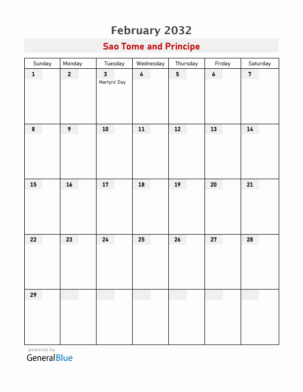 Sao Tome and Principe February 2032 Calendar with Holidays